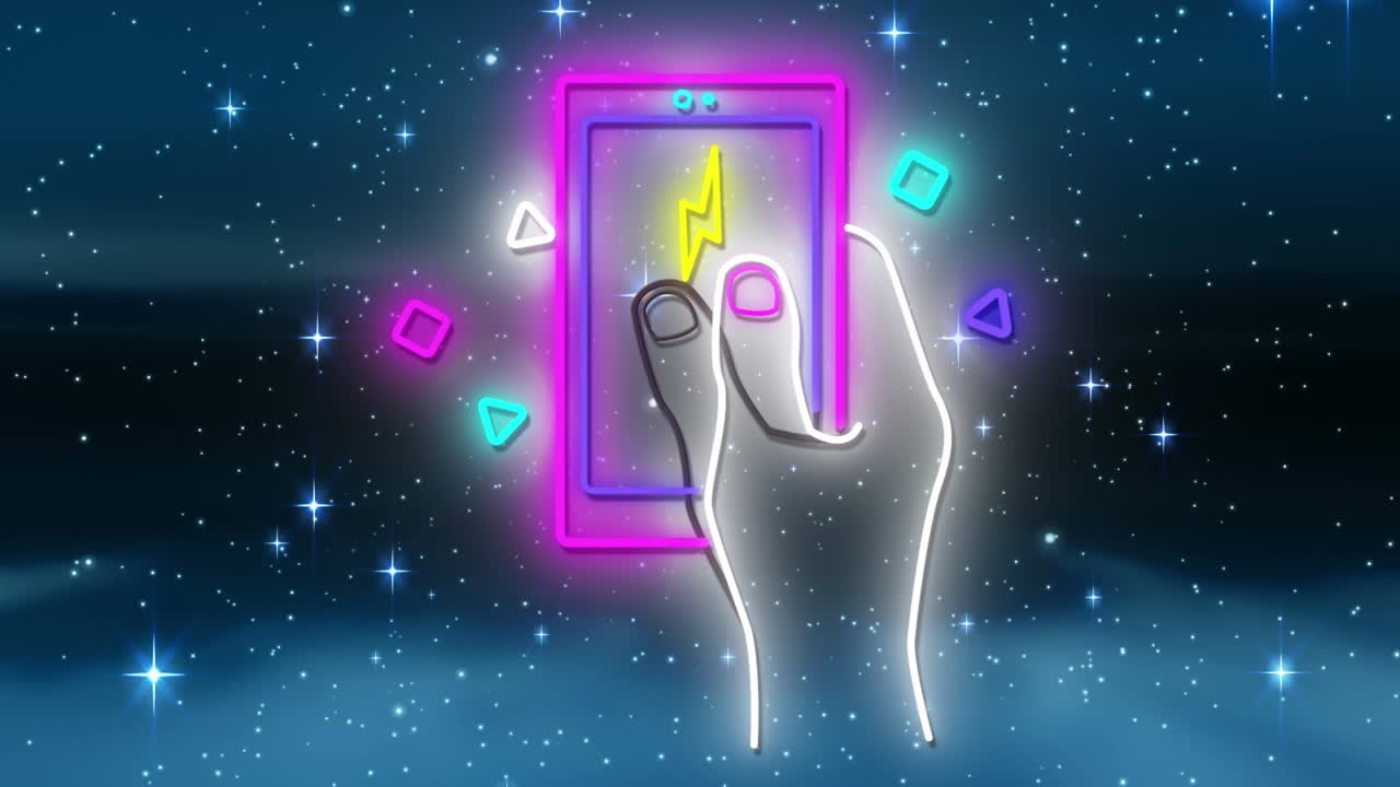 animación digital de una mano de neón sosteniendo el icono del teléfono inteligente contra estrellas brillantes sobre un fondo azul