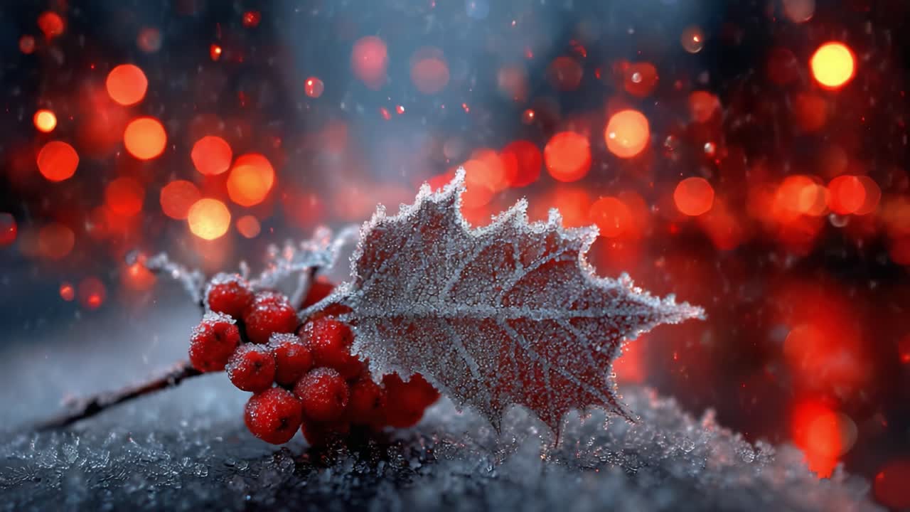 Un primo piano gelido di bacche e foglie di agrifoglio, che brillano nel freddo invernale su uno sfondo di luci natalizie scintillanti
