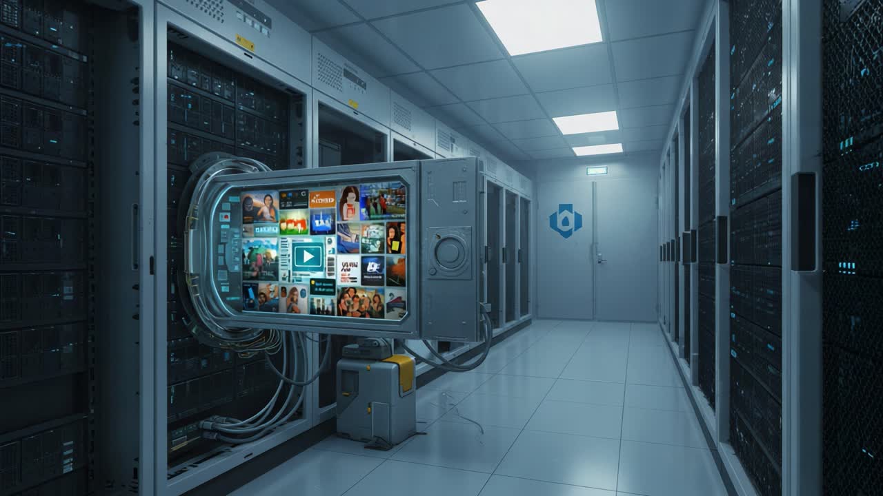 A futuristic server room showcasing a centralized multimedia display, blending technology and entertainment in a sleek, high-tech environment designed for digital content management