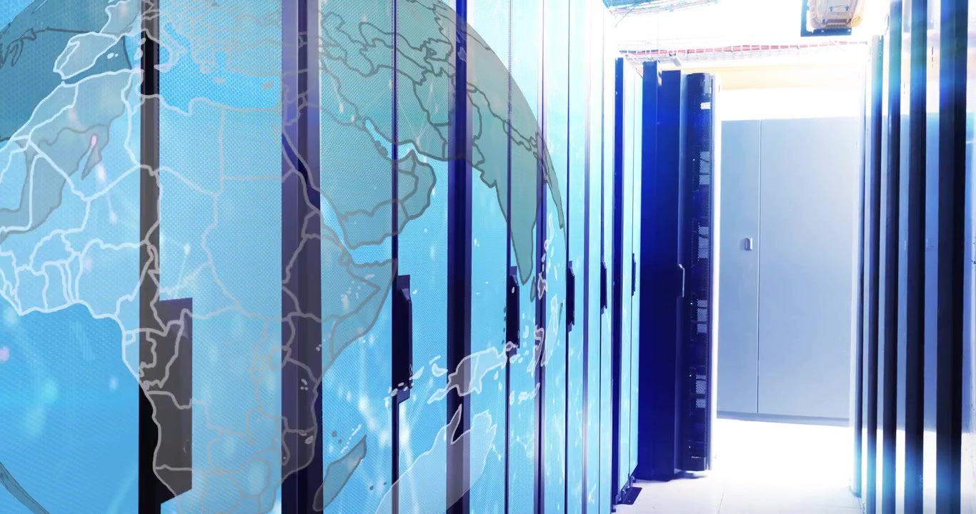 Camera moving through server corridor, LED globe rotating continents, guiding toward exit door