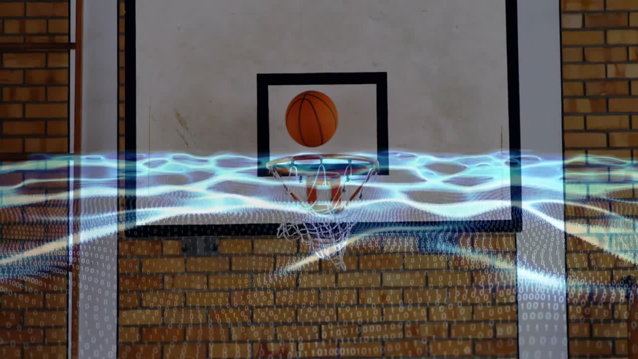 Pulsing digital wave sweeping across hoop on brick wall, basketball entering, dropping through net