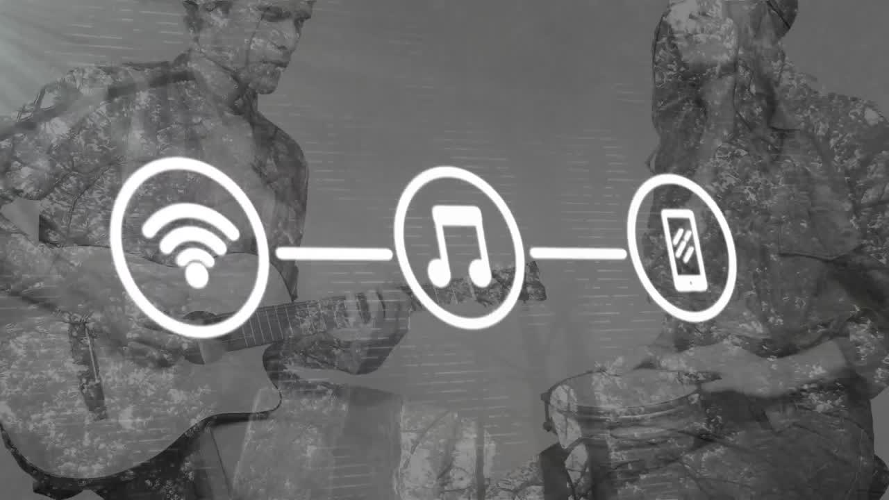 기타와 드럼을 연주하는 백인 남녀에 대한 미디어 아이콘의 애니메이션