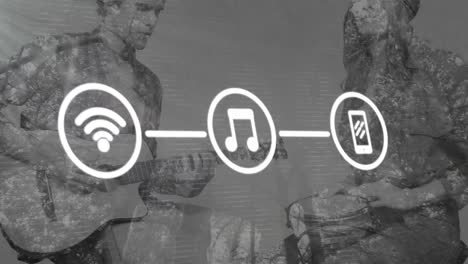 animación de iconos de los medios sobre un hombre y una mujer caucásicos tocando la guitarra y la batería