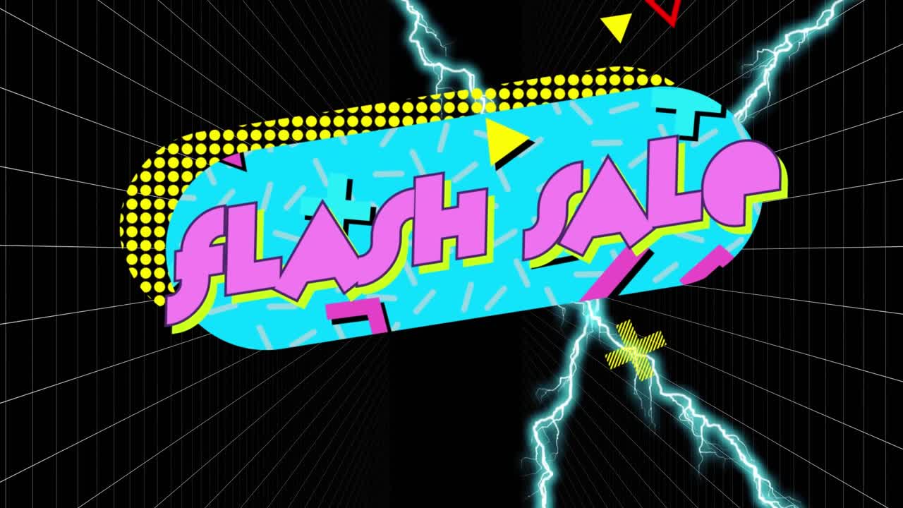 Animation des Textes „Flash Sale“ über Formen und Blitzen auf schwarzem Hintergrund