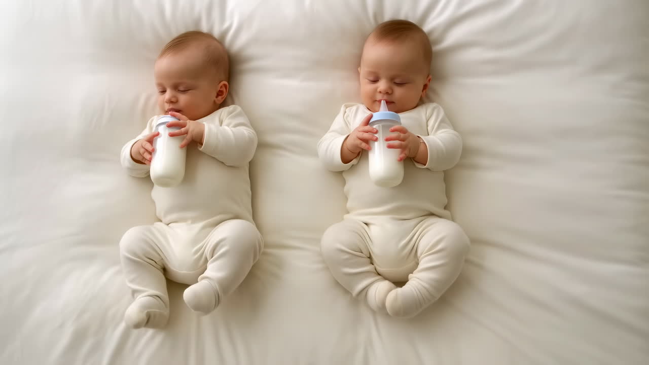 Due gemelli sereni che dormono con i biberon su un letto bianco