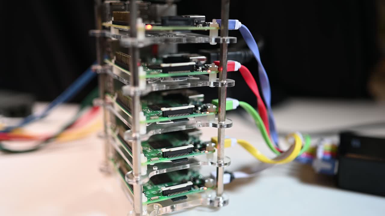 clúster de frambuesa pi, minisupercomputadora, vista de abajo hacia arriba