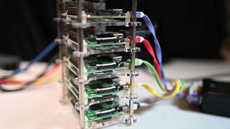 Raspberry PI cluster, mini-supercomputer, bottom to top view
