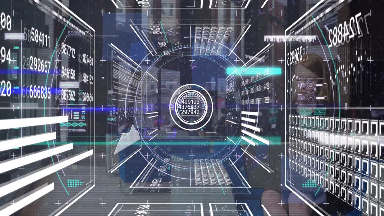 Displaying AR HUD overlay updating numeric readouts in tech room, with reflected handheld device