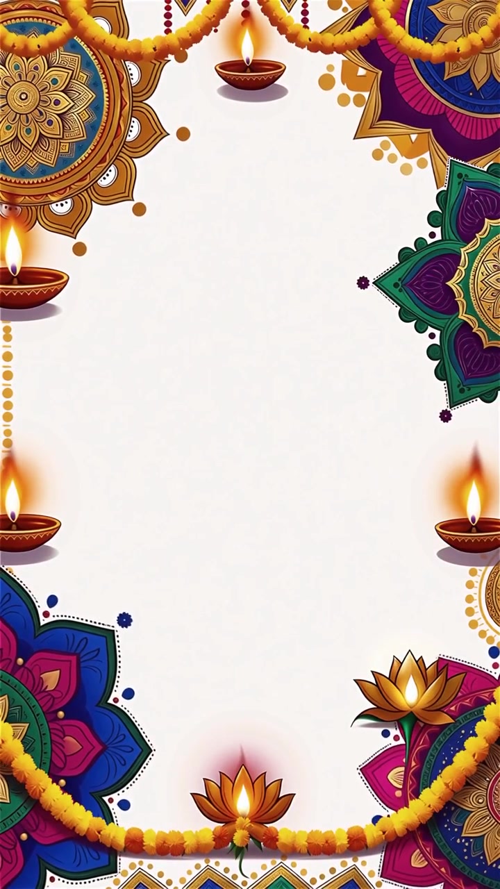 Sfondo Diwali con Diyas luminosi, Rangoli e fiori di loto