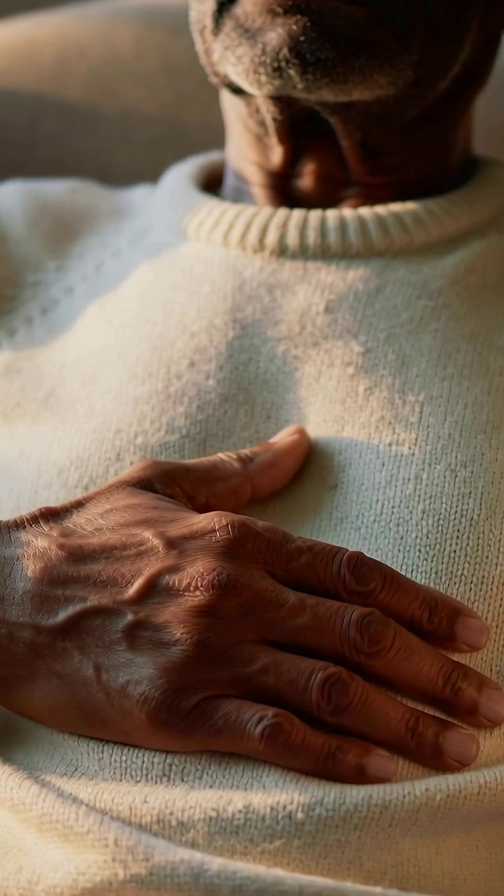 Vertical video: Breathing elder moving right hand on chest at home with cream sweater sunlit chair