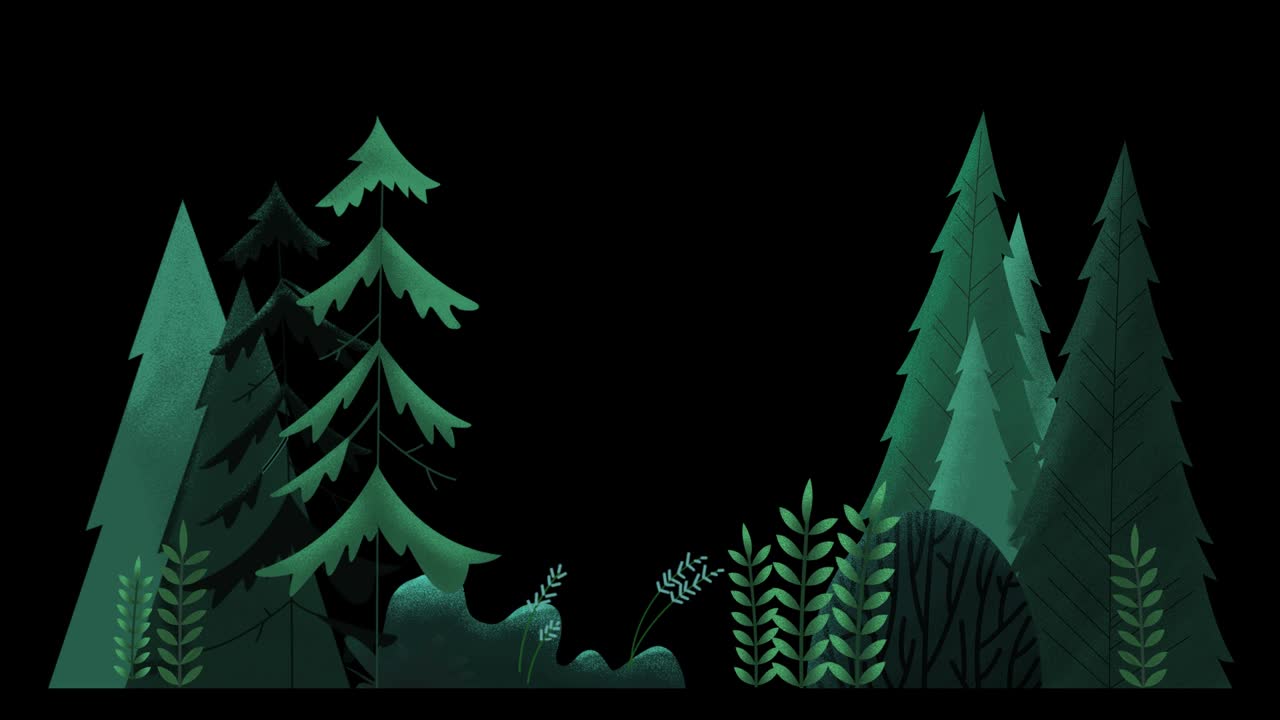 끊임없는 루프: 상록 나무, 풀과 관목의 그룹, 바람에 흔들리는, 녹색 안개 밤.