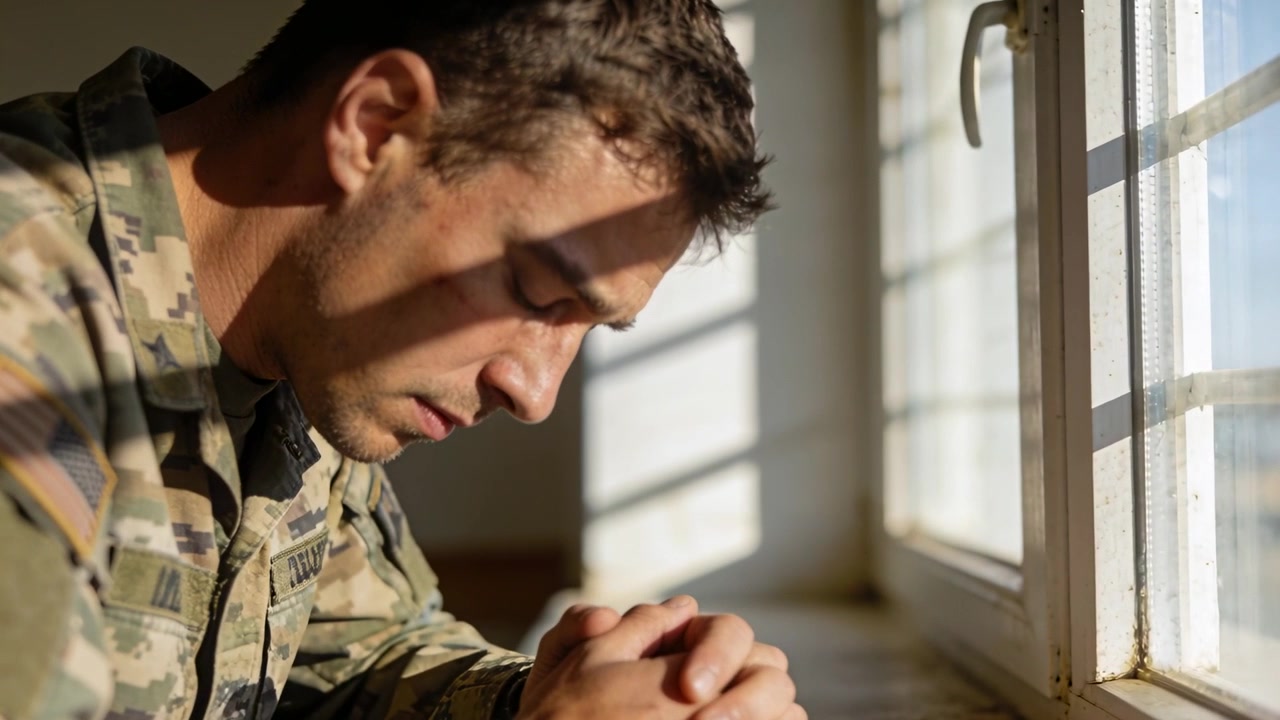 Luz solar projetando faixas, soldado camuflado sentado no parapeito da janela com grades, com as mãos entrelaçadas, refletindo.