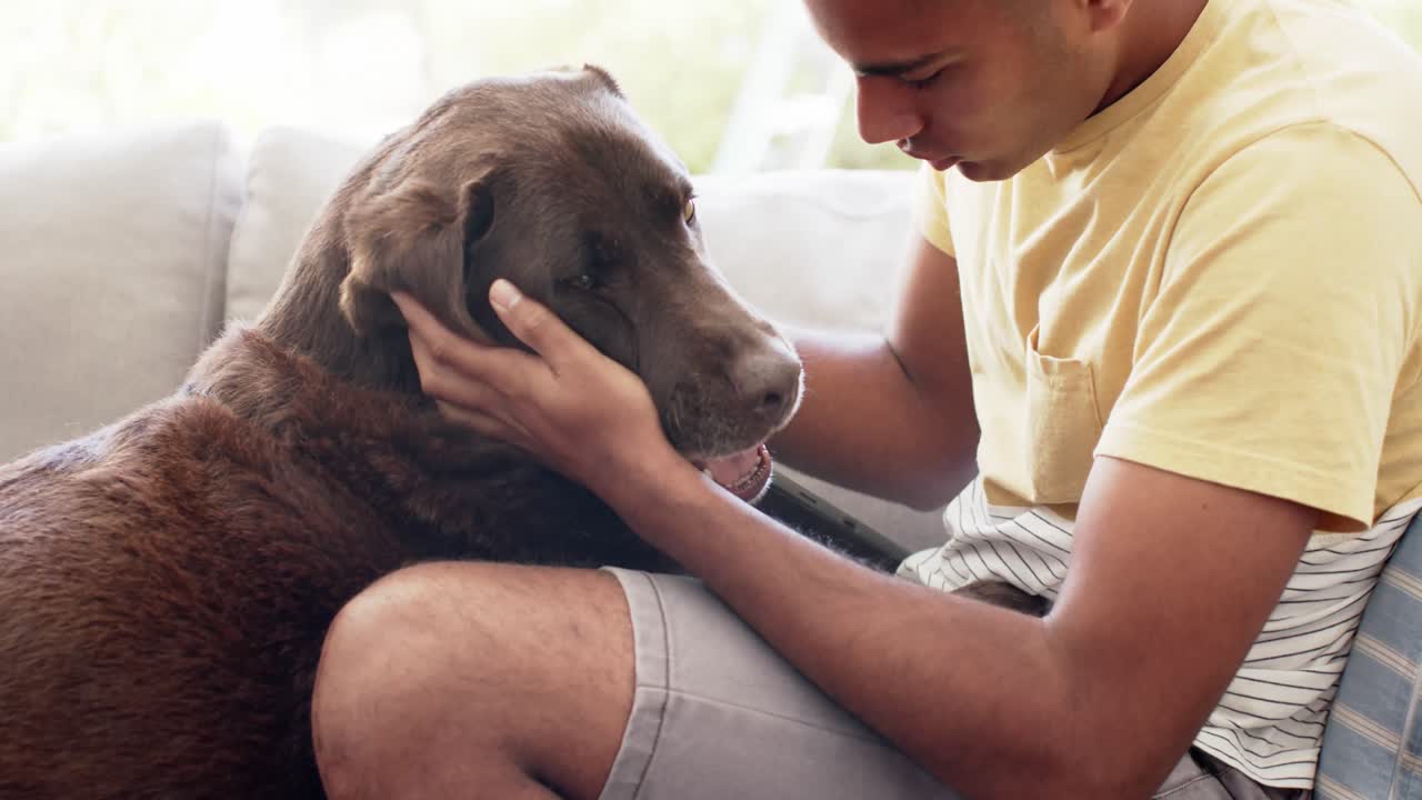 Uomo felice di origini miste che accarezza un cane a casa, al rallentatore