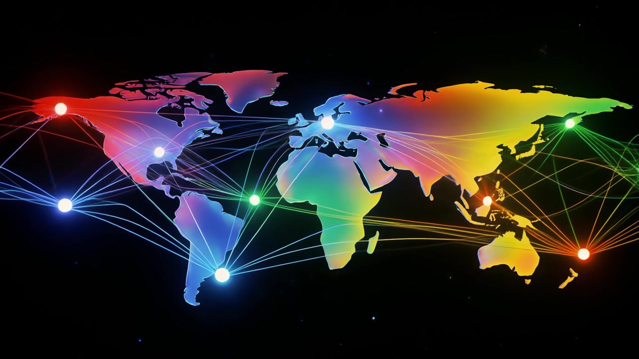 Globale Netzwerkverbindungen über bunter Weltkarte