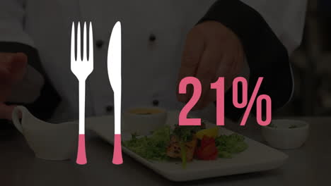 icono de cubiertos y aumento del porcentaje en rosa con el chef preparando un plato