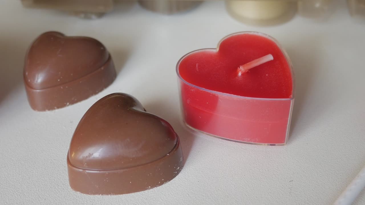Heart-shaped chocolate and candle as Valentine's Day symbols, romantic mood