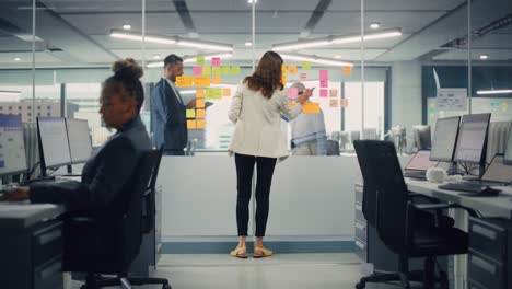 joven mujer de negocios segura creando un plan de proyecto en la pared de la oficina con notas de papel. elegante y hermosa gerente que trabaja en proyectos comerciales, financieros y de marketing. especialista en equipos diversos.