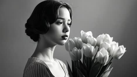 pensive woman with white tulips in black and white