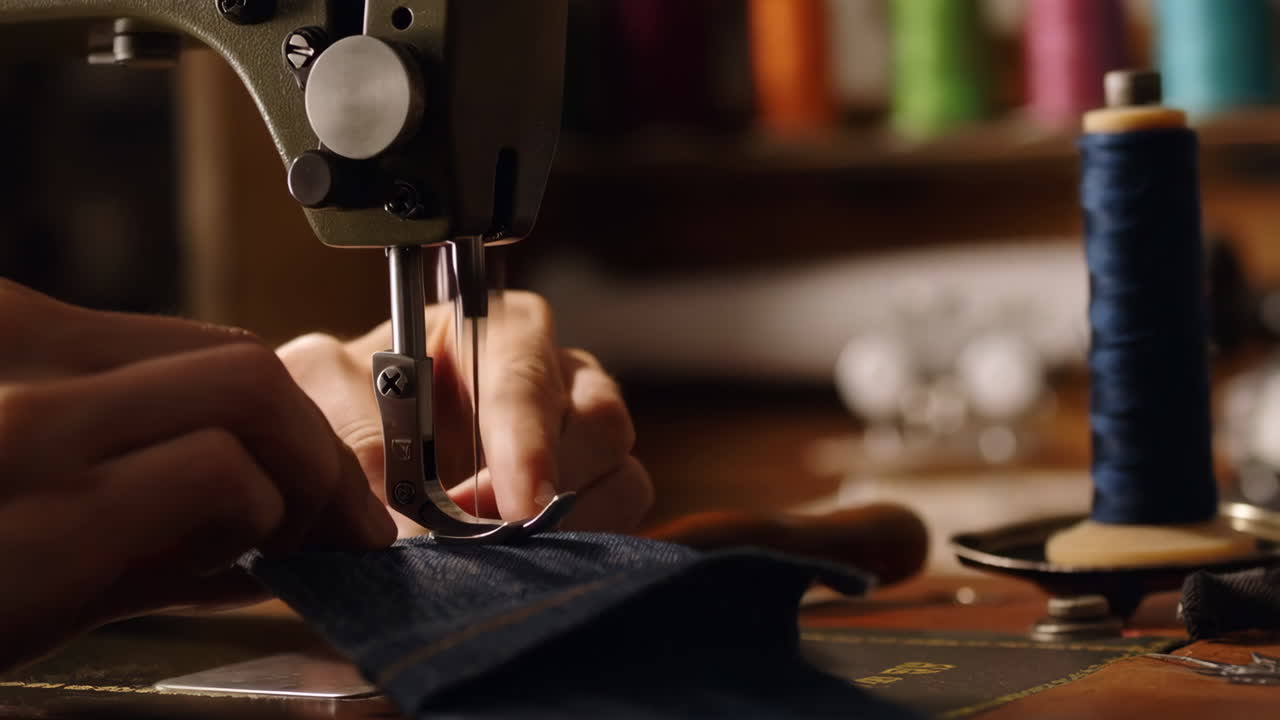 Close-up of hands sewing denim fabric on a sewing machine