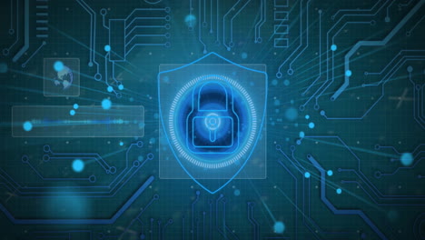 animation of padlock in shield over circles against circuit board pattern on blue background