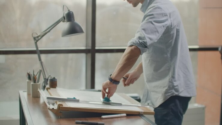 A man is a young modern architect sitting at a table drawing a plan of the building and developing a design sitting in an office in the Sitel loft near a large window. To create facades of buildings to design furniture and design the project of a residential complex.