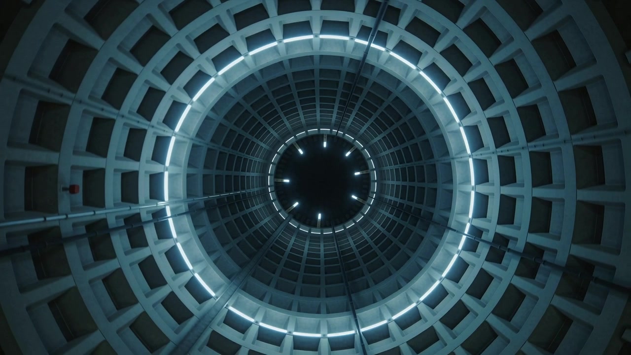 Camera pushing toward center concrete grid at parking tower to highlight ring lights, red device