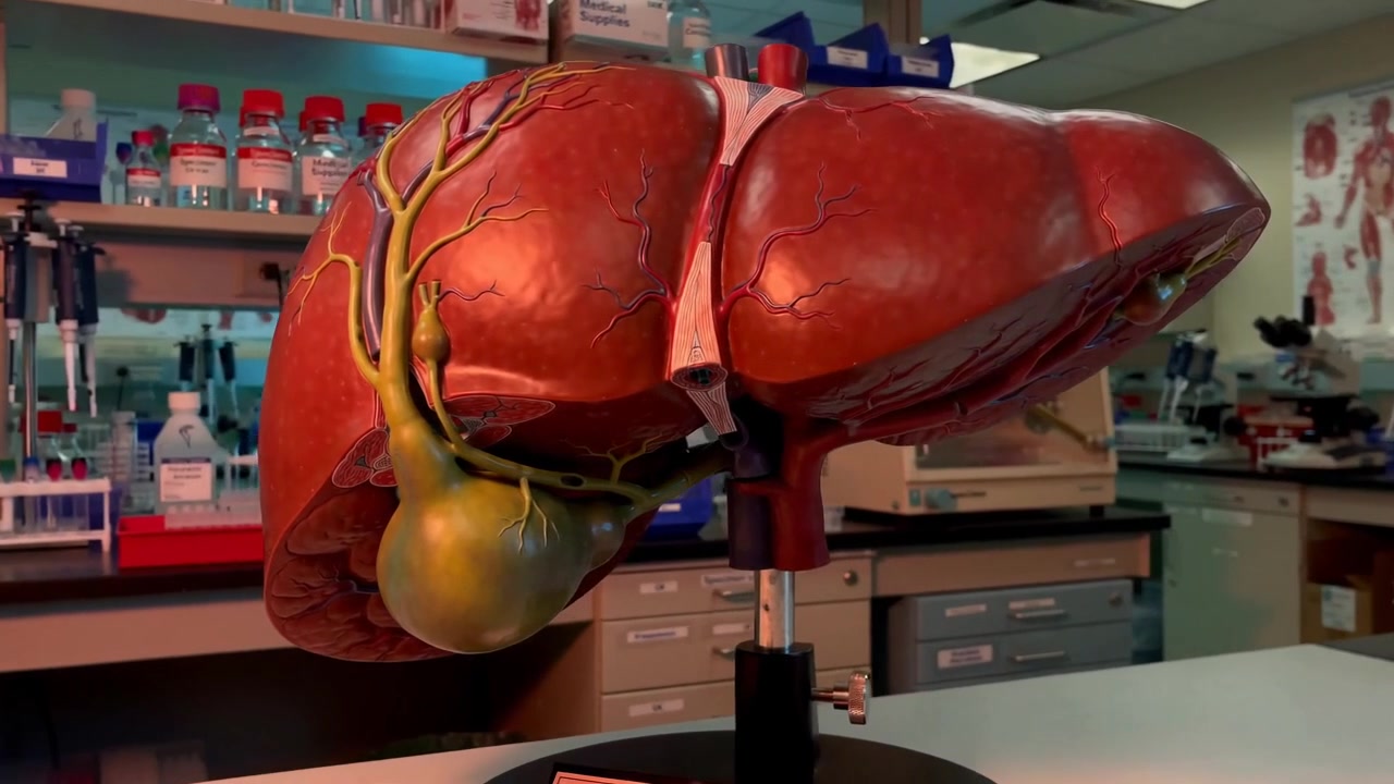 Realistic Liver Model With Gallbladder Mounted on Stand in Medical Study Room