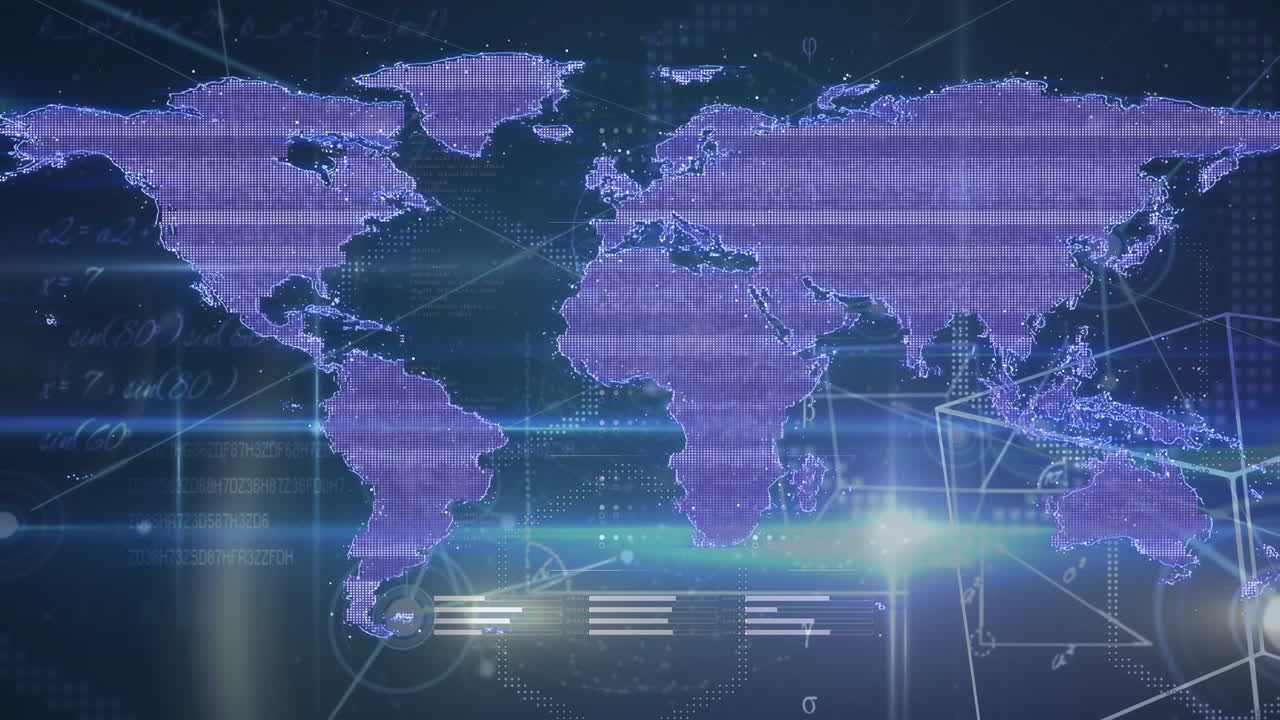 흑색 바탕에 세계 지도와 데이터 처리를 가진 연결 네트워크의 애니메이션.