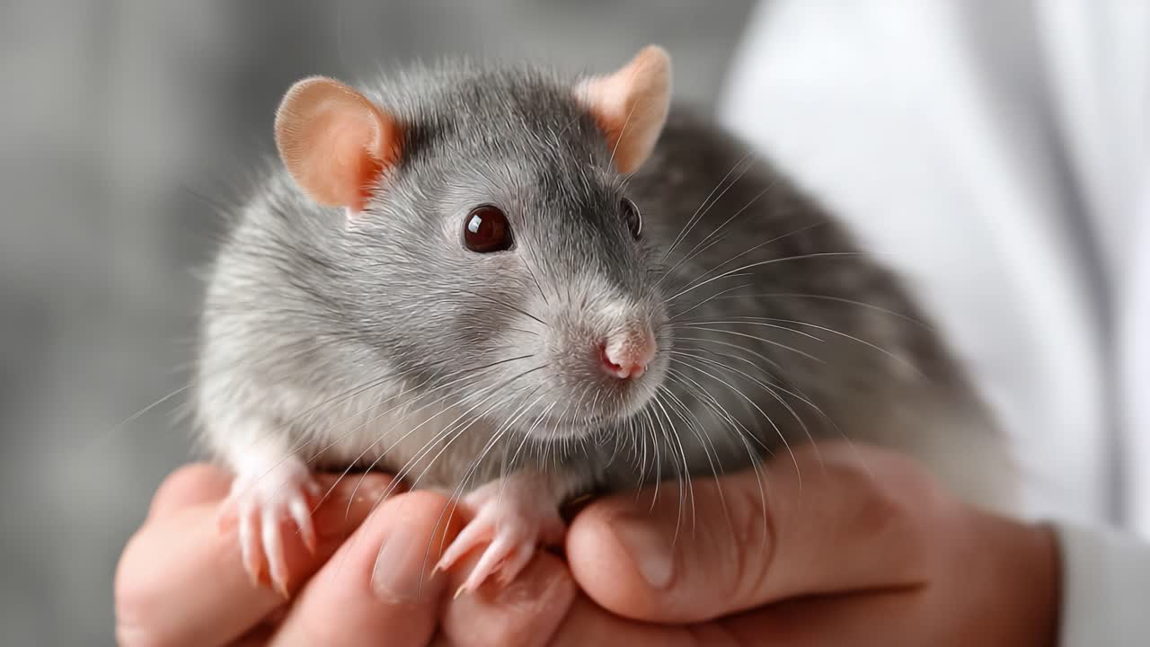 A Close-Up View of a Gray Pet Rat Being Held Gently in the Hands, Showcasing Its Adorable Features and Soft Fur Texture