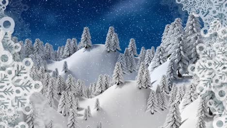 frame of snowflakes against snow falling over multiple trees on winter landscape