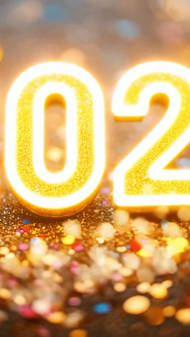 Celebration of the new year 2025. Golden 2025 glimmers amid confetti and lights, creating a festive New Year's Eve atmosphere.