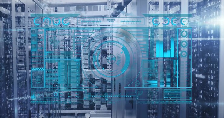 Animation of interface with data processing and light spot against computer server room