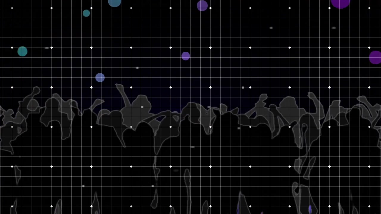 Colored circles descending over grid initiating waveform rippling and spiking in abstract scene