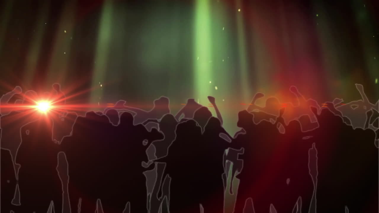 animación de luces de colores sobre la silueta de una multitud animada en un concierto de música