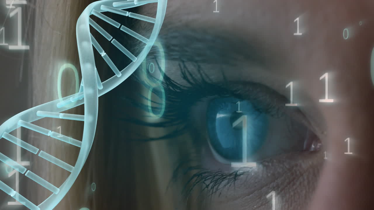 Blue eye surounded by binary code and spinning DNA helix