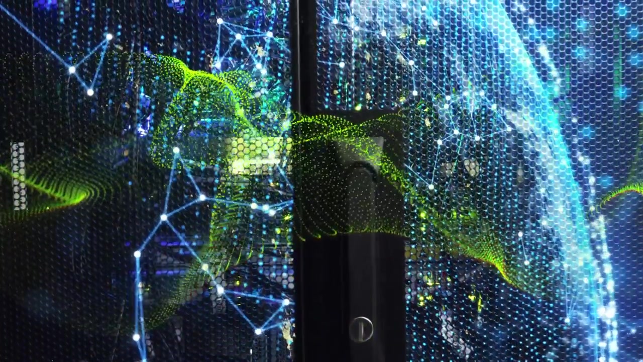Digital Data Network Visualization Over Server Rack