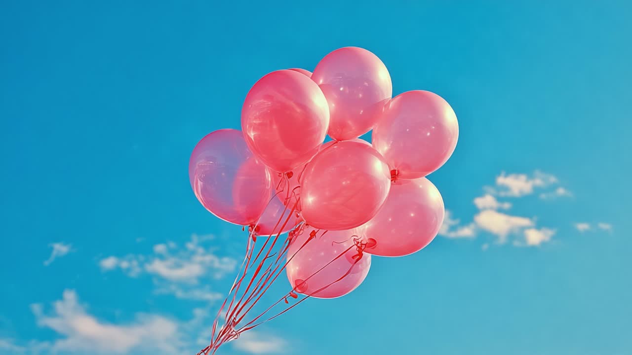 A vibrant display of pink helium balloons drifting gracefully against a clear blue sky, embodying a joyful and festive atmosphere full of hope and celebration