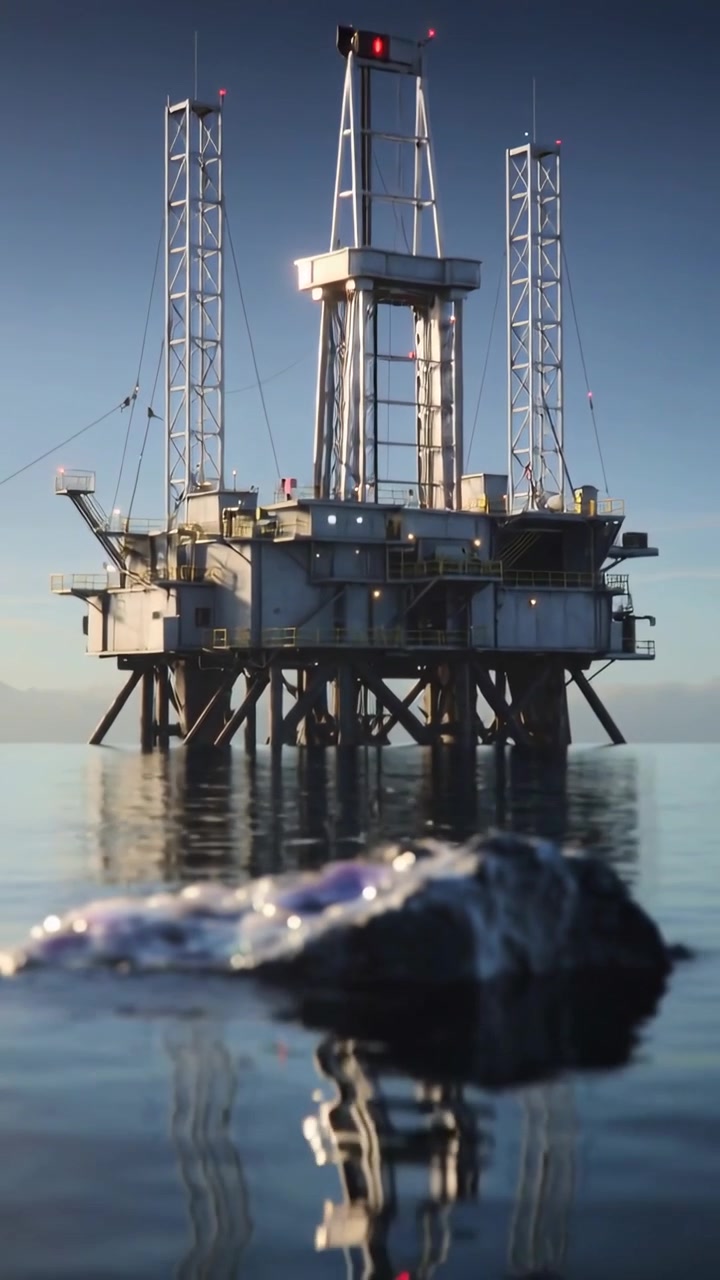 Vertikal video: Skifter linse efter måge kommer ind, afslører lys fra offshore platform og klippe