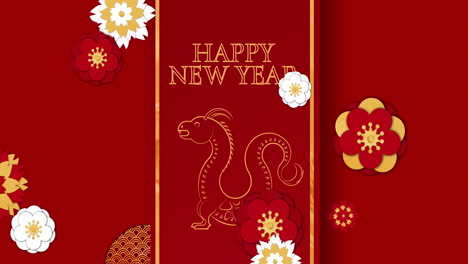 Animation-of-happy-new-year-text-with-dragon-sign-and-chinese-pattern-on-red-background