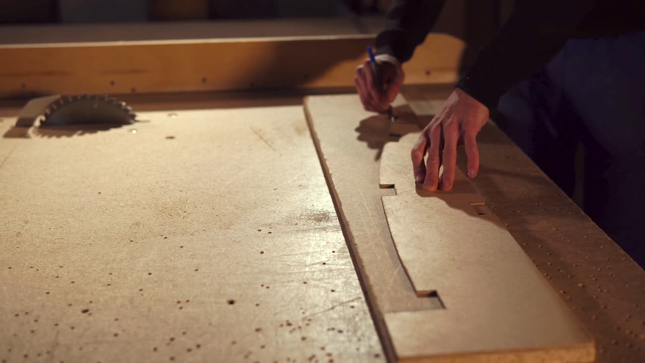 carpintero marcando piezas de madera en una mesa de trabajo