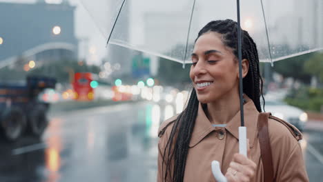 woman, city with face and umbrella