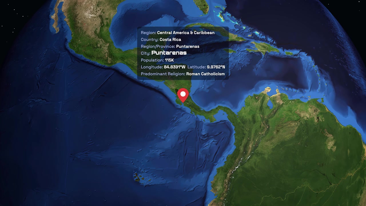 A rotating globe zooms from space into Central America, highlighting Puntarenas with data overlays