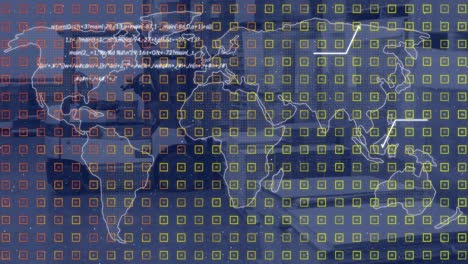 Animación-Del-Procesamiento-De-Datos-Con-Patrón-Sobre-El-Mapa-Mundial-En-Segundo-Plano