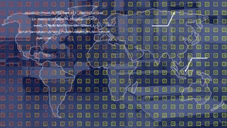 animación del procesamiento de datos con un patrón sobre el mapa del mundo en el fondo