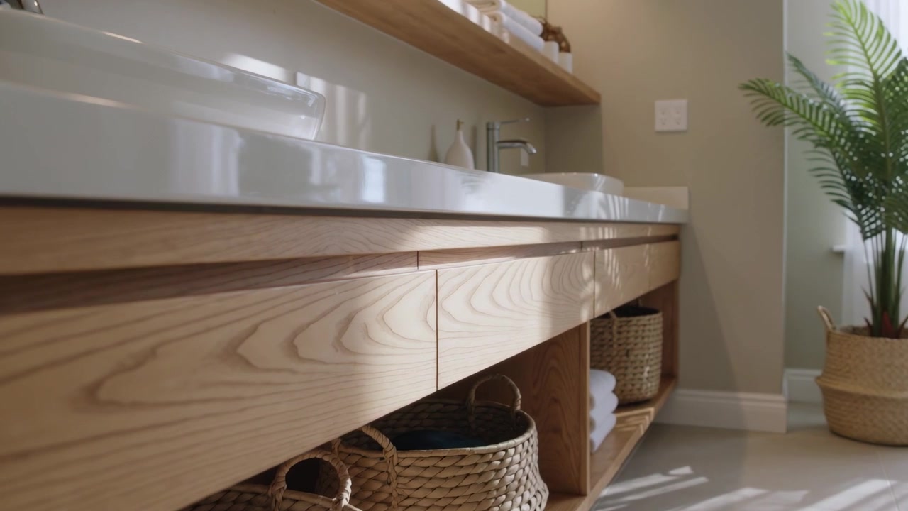 Panning camera across wooden vanity with open shelves at home, revealing woven baskets for styling