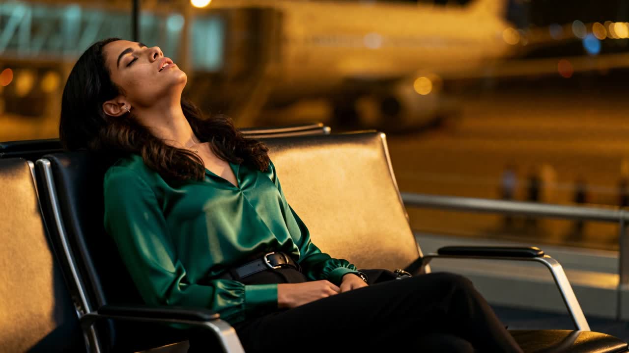 Reclining woman wearing green satin blouse resting while waiting for flight at airport gate, bag