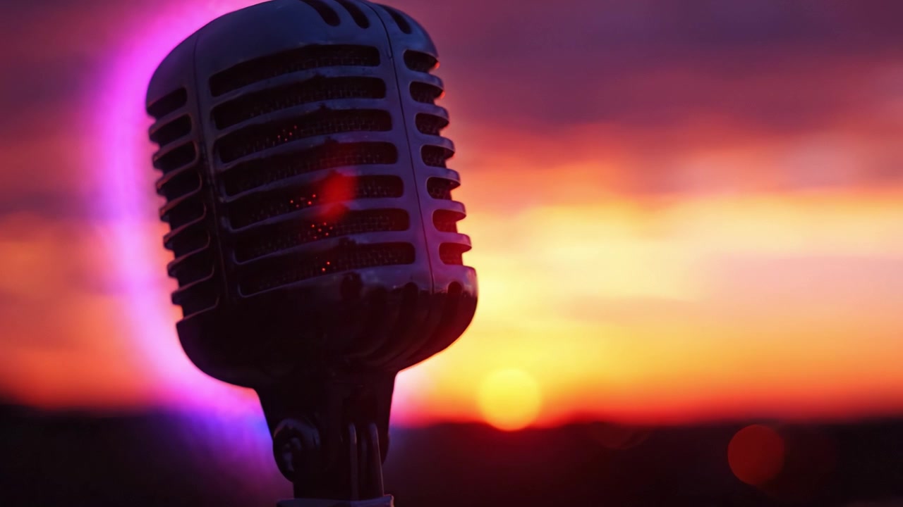 Uno Splendido Microfono Vintage Si Erge Silenzioso Contro un Tramonto Mozzafiato, Evidenziando l'Intersezione tra Musica e Splendore della Natura in Colori Vivaci