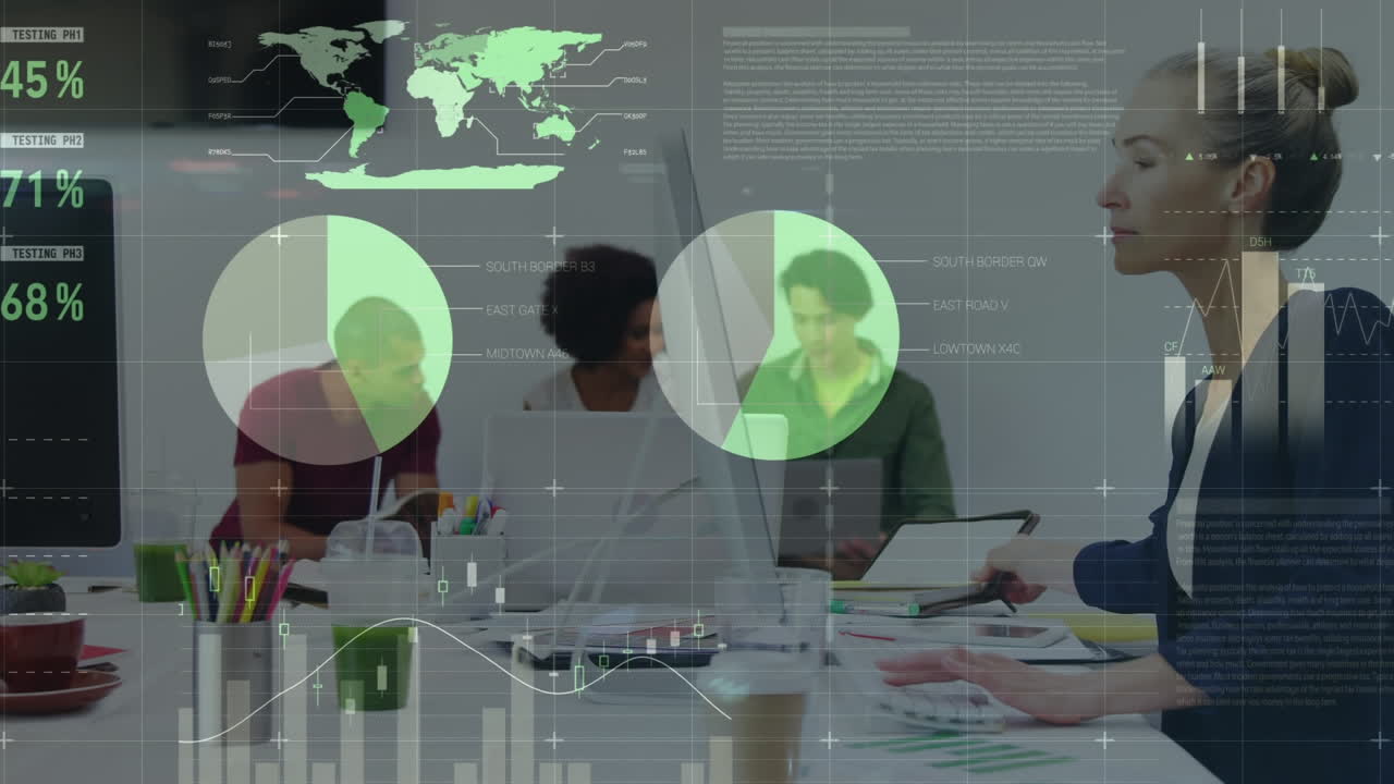 Animation of financial data and graphs over diverse businesspeople working together in office