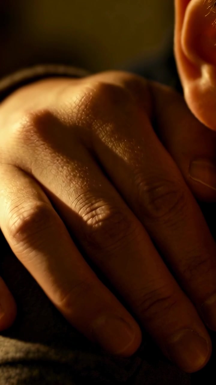 Vertical video: Man placing hand on partner's knit sweater, giving support for health in warm light