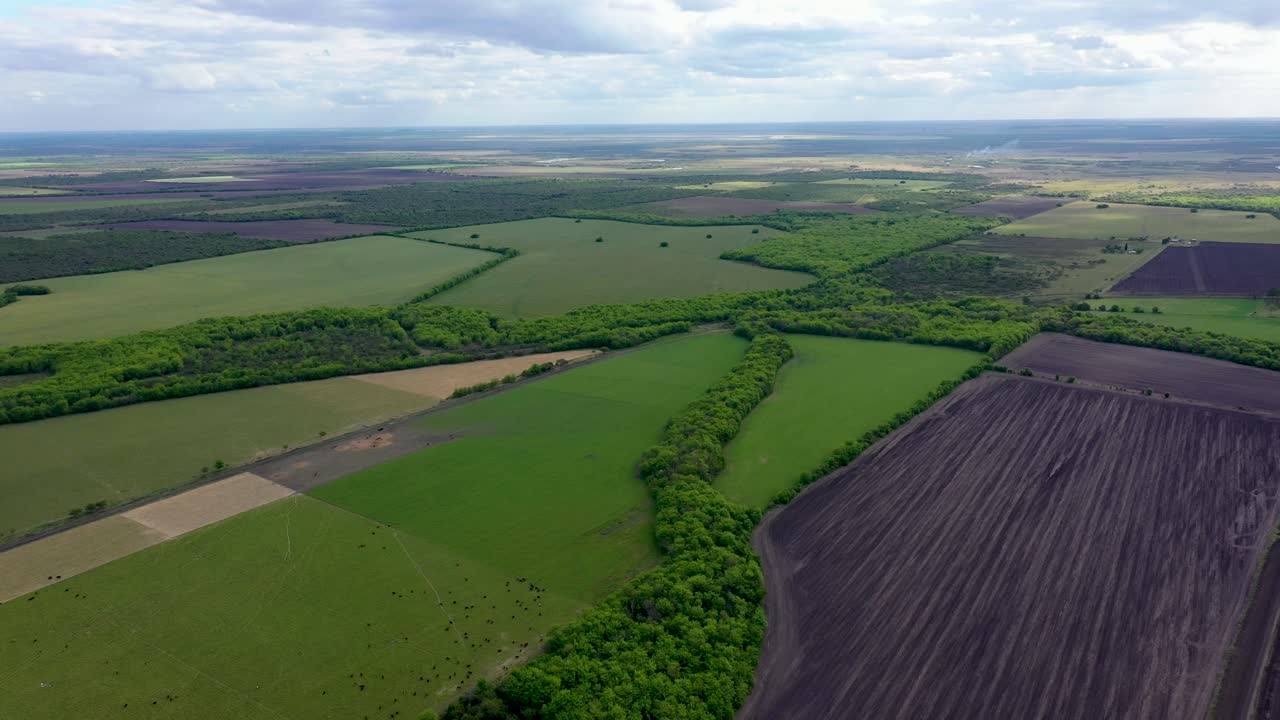 Wide aerial pull-out of green forest and farmland in rural Argentina